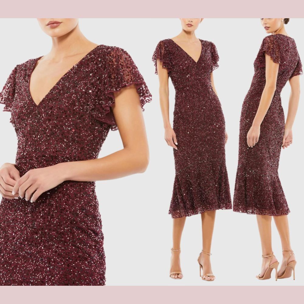 NWT Mac Duggal [ 12 ] 10801 Sequined V-Neck Flutter Cap Sleeve‎ Dress Garnet